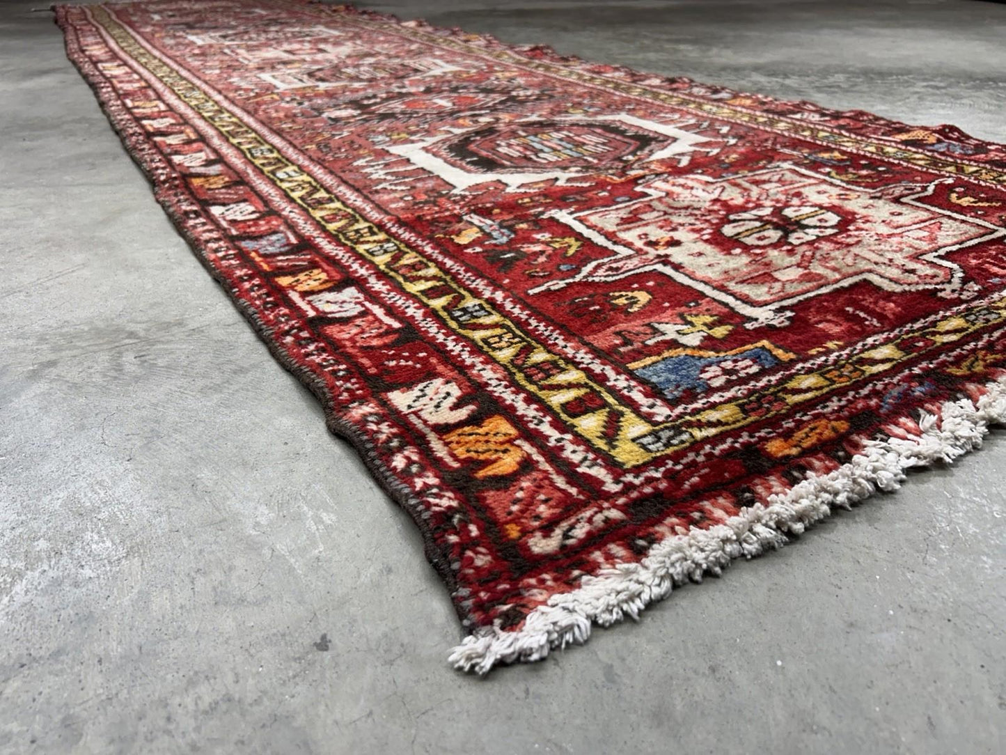 3'3”x12’2” Antique Hand-knotted Wool Herize Runner Rug - Handmade Red 3x12