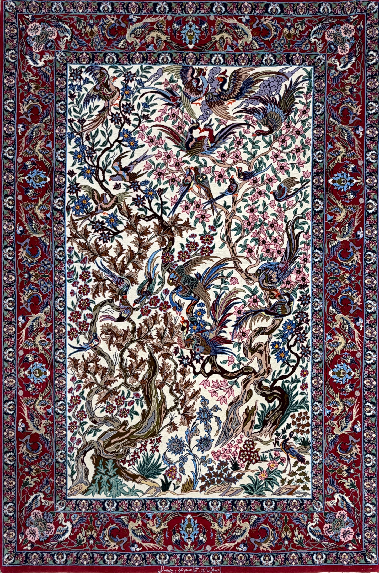 Hand-Knotted Persian Isfahan Rug -Garden of Birds- 3’8”x5’6”