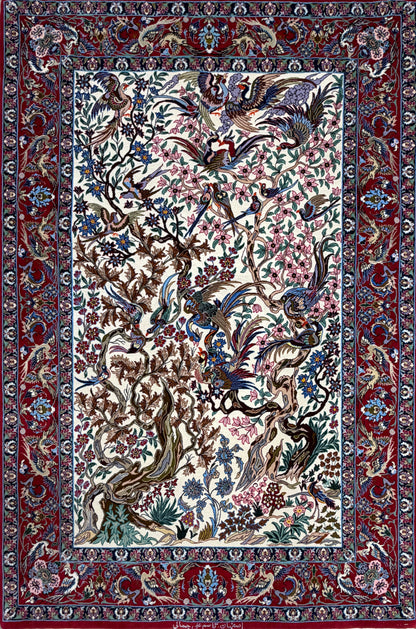Hand-Knotted Persian Isfahan Rug -Garden of Birds- 3’8”x5’6”