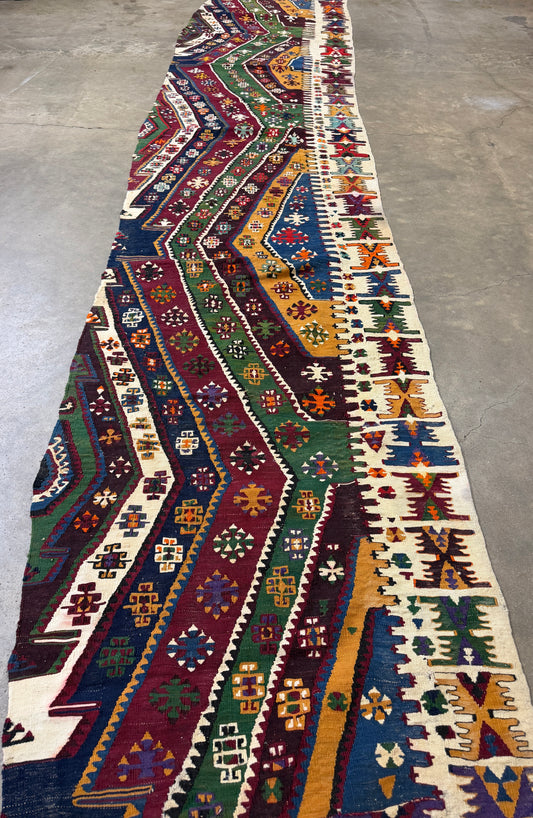 2’9”x14’10” Antique Hand-Woven Wool Flatweave Kilim Runner 2x14 Handmade Tribal Rug