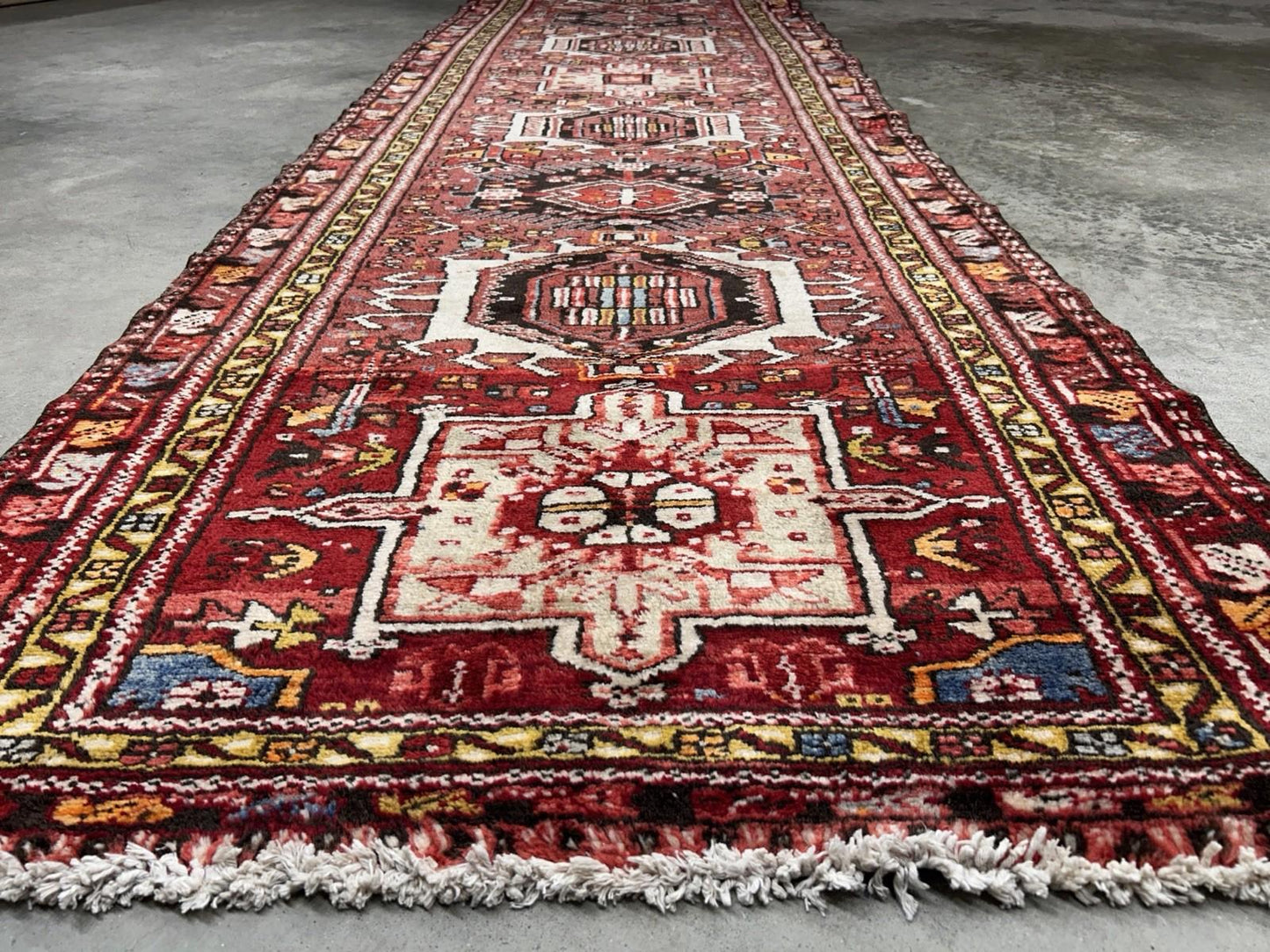 3'3”x12’2” Antique Hand-knotted Wool Herize Runner Rug - Handmade Red 3x12