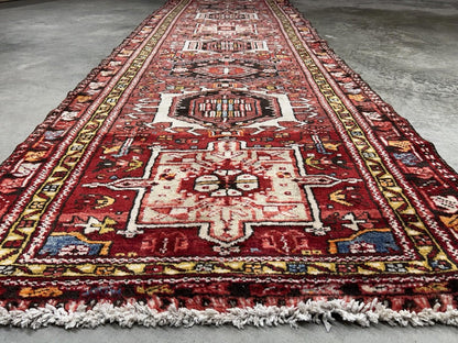 3'3”x12’2” Antique Hand-knotted Wool Herize Runner Rug - Handmade Red 3x12