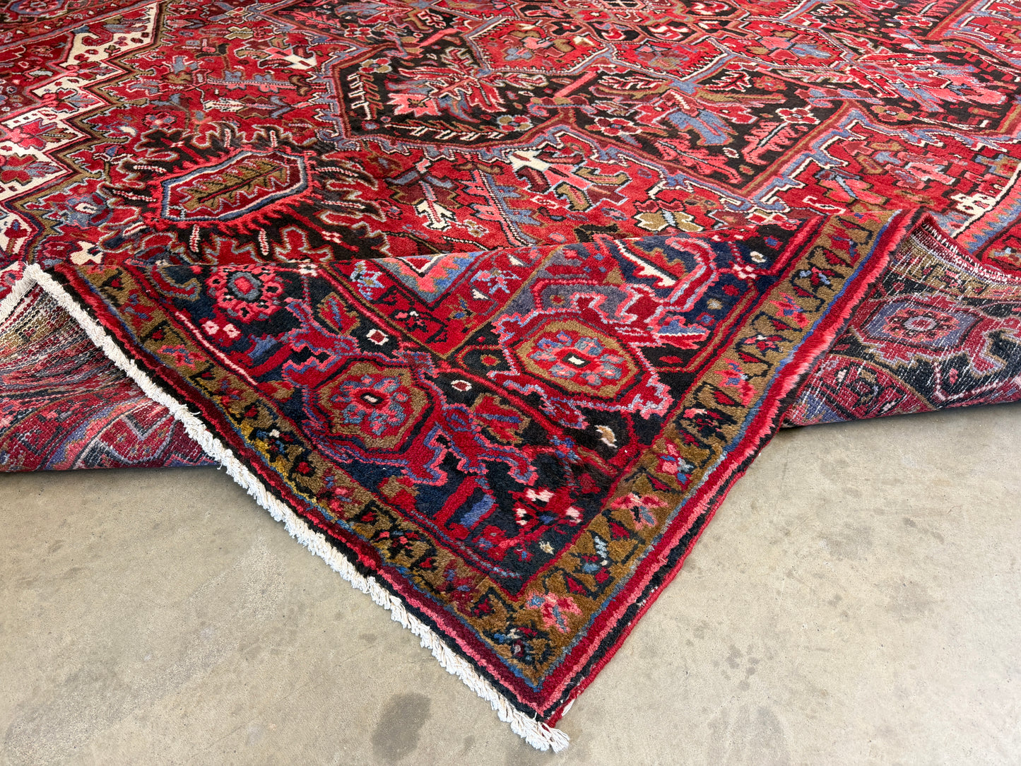9’7”x13’ Vintage Hand-Knotted Wool Heriz Persian Rug 9x13 Red Handmade Carpet