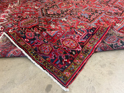 9’7”x13’ Vintage Hand-Knotted Wool Heriz Persian Rug 9x13 Red Handmade Carpet