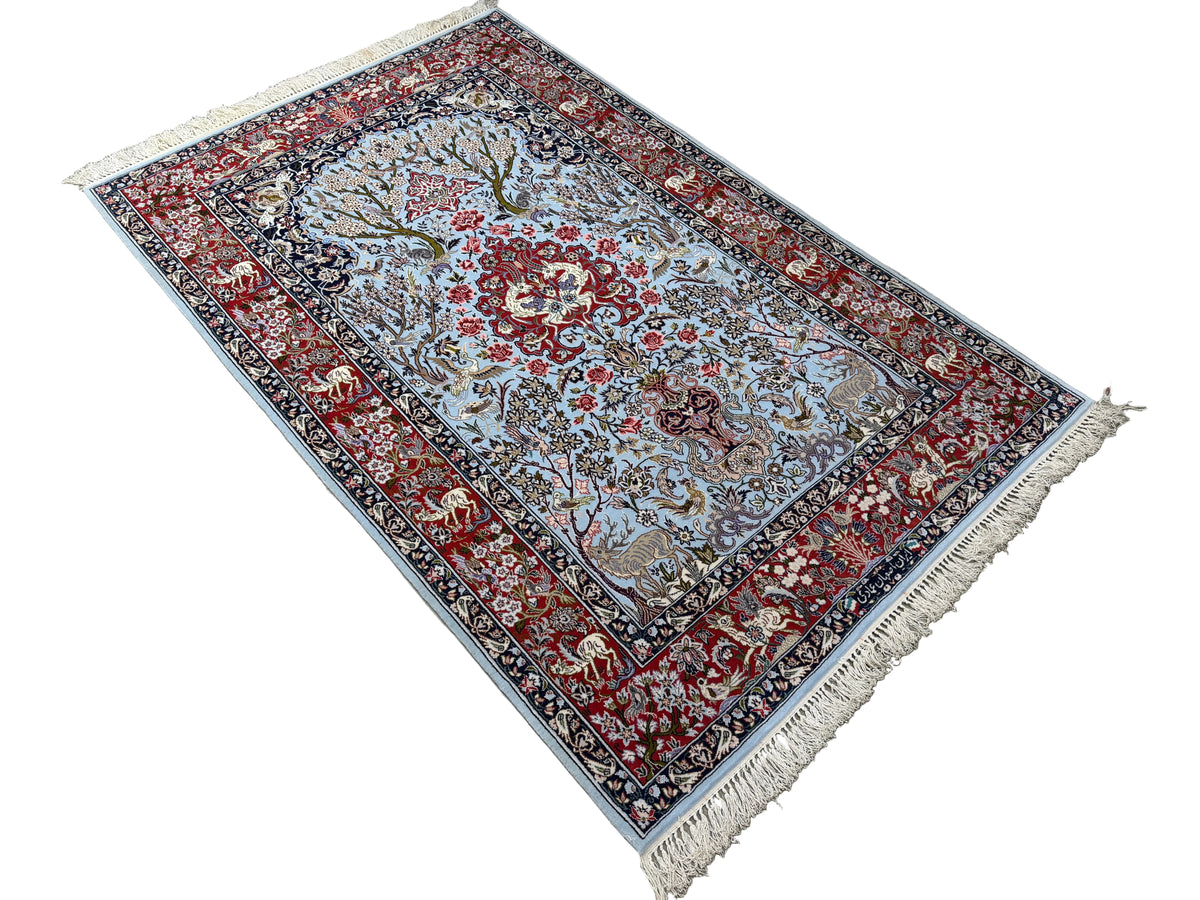 Hand-Knotted Pictorial Persian Isfahan Rug - 3’7”x5’7”