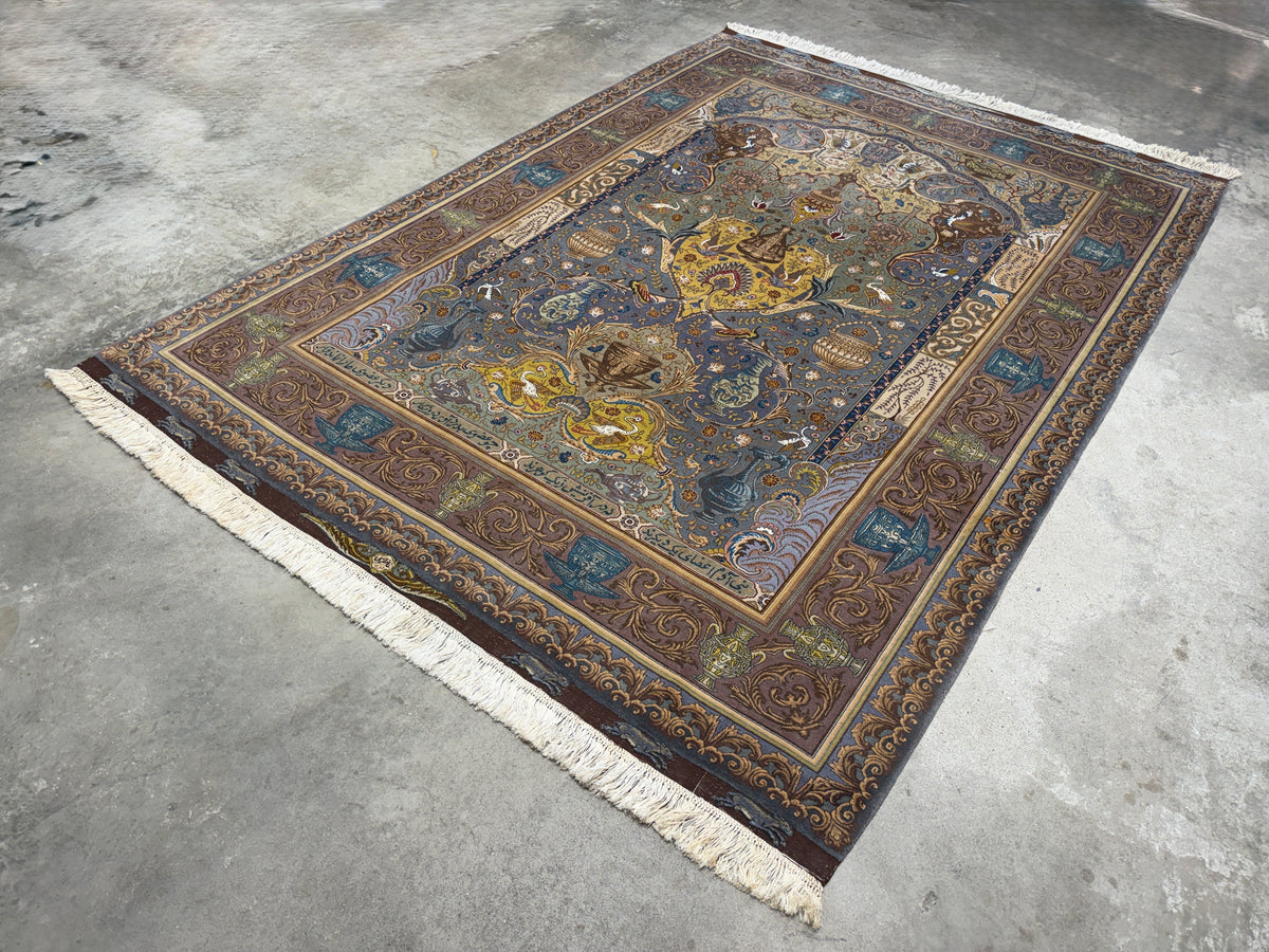 Hand-Knotted 60 Raj Pictorial Persian Tabriz Rug - Signed Nazeri - 5'10"x8'3"