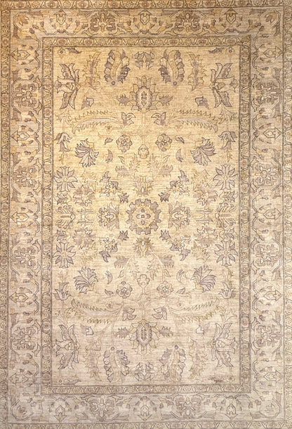 Hand-Knotted Agra Rug, 6’x9’: Beige with floral and geometric designs in muted brown and gold tones.