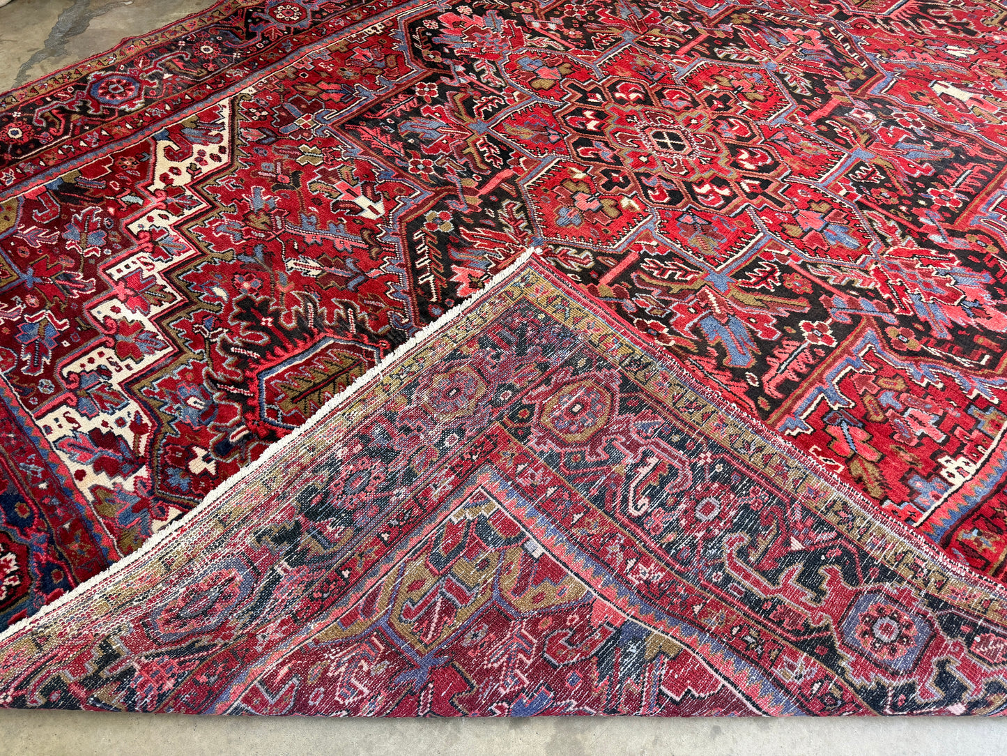 9’7”x13’ Vintage Hand-Knotted Wool Heriz Persian Rug 9x13 Red Handmade Carpet