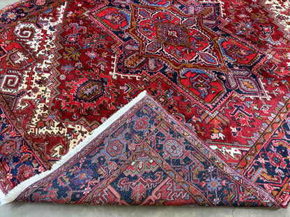 9’4”x11’8” Vintage Hand-Knotted Wool Heriz Persian Rug 9x11 Red Handmade Carpet