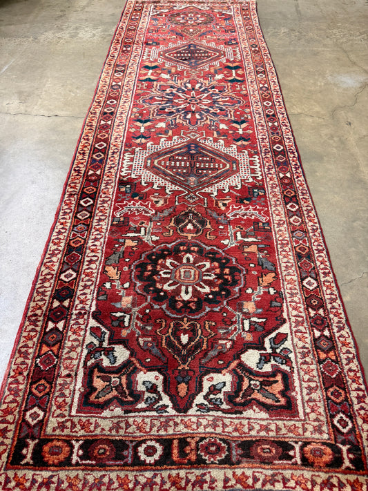 2’6”x10’6” Antique Hand-Knotted Wool Heriz Persian Runner 2x10 Handmade Red Rug
