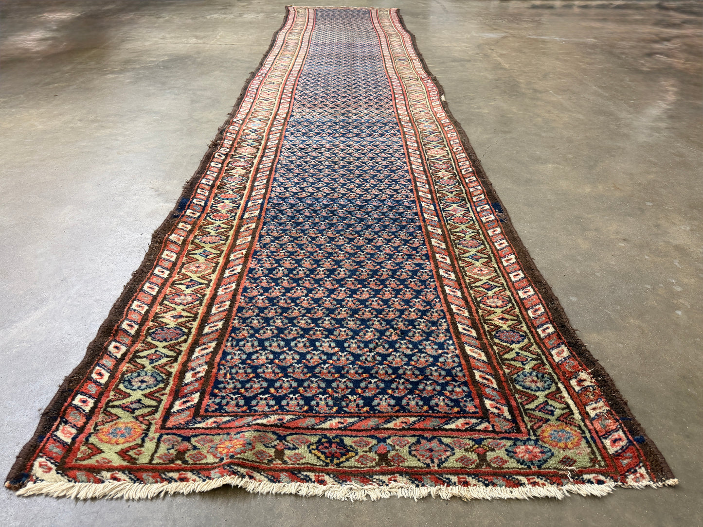 3’x13’9” Antique Hand-Knotted Wool Malayer Persian Runner 3x13 Handmade Blue Green Carpet
