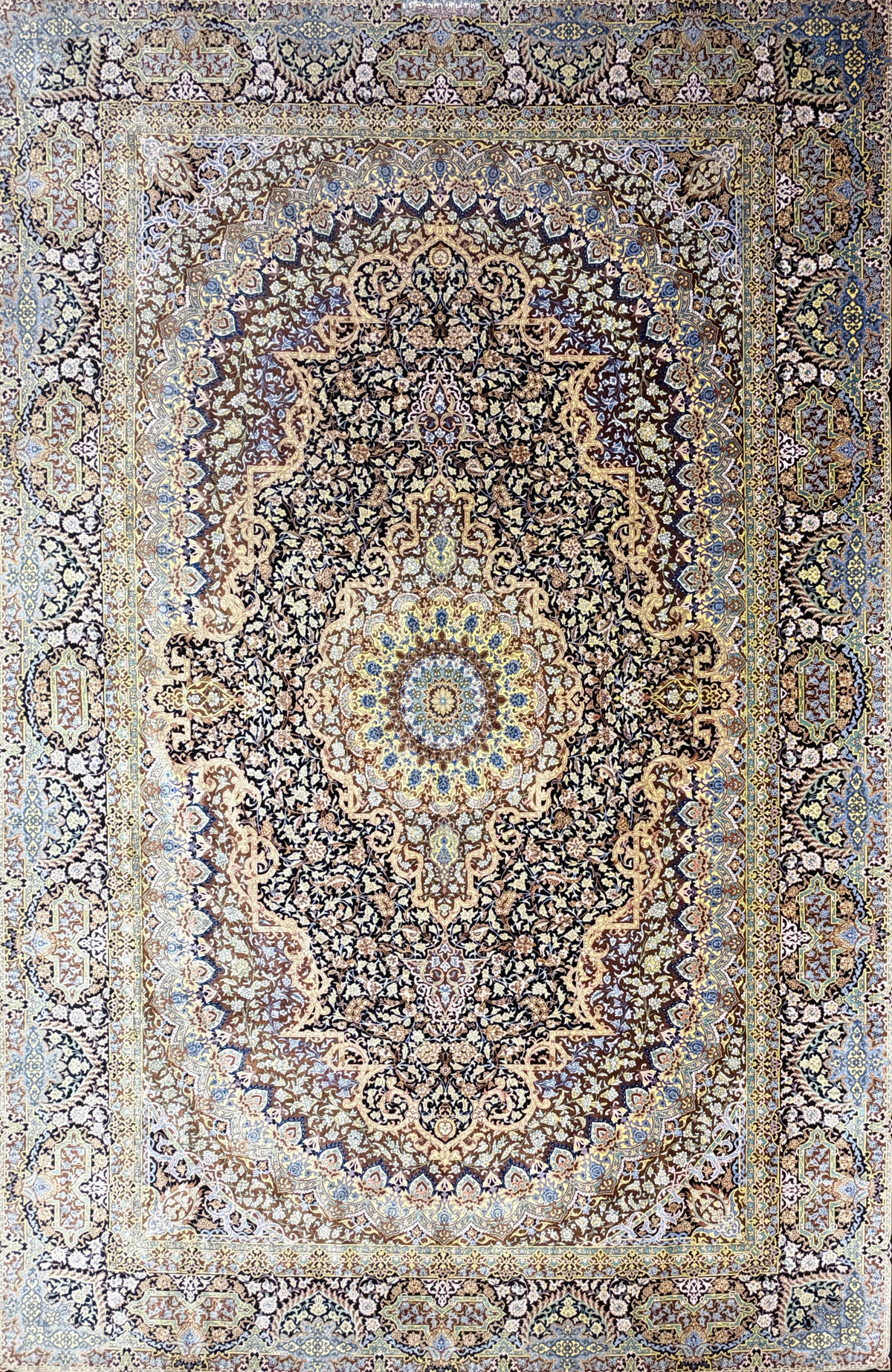 Luxurious Hand-Knotted Silk Persian Qum Rug, Signed Ahmadi, 6′5″x9′10″—intricate beige, blue & brown floral design.