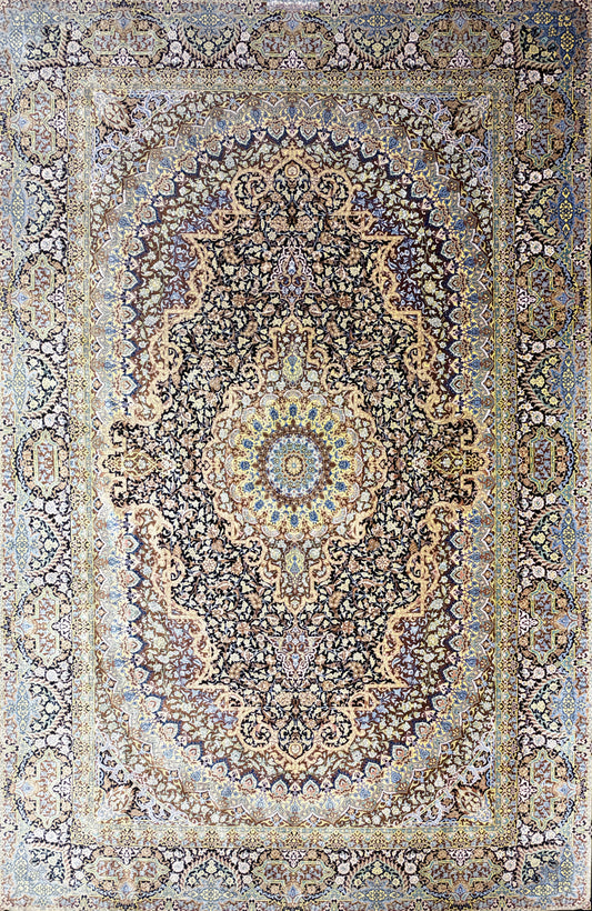 Luxurious Hand-Knotted Silk Persian Qum Rug, Signed Ahmadi, 6′5″x9′10″—intricate beige, blue & brown floral design.
