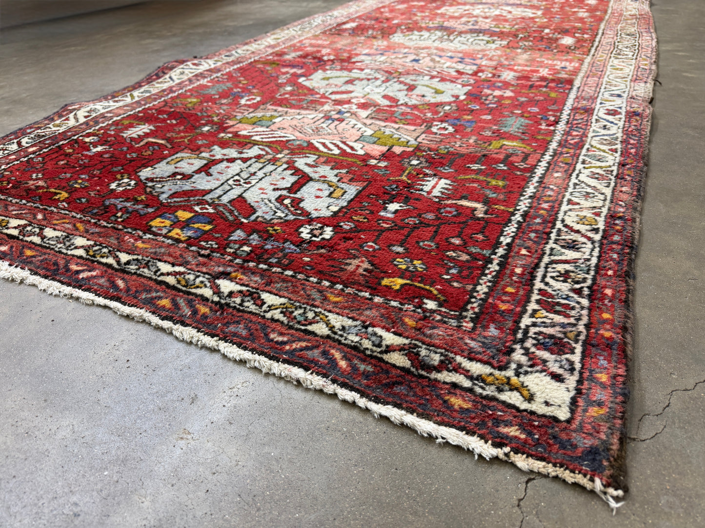 3’10”x10’10” Antique Hand-Knotted Wool Heriz Persian Runner 3x10 Handmade Red Rug