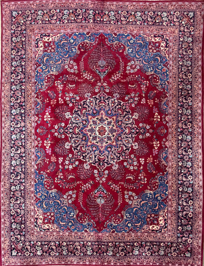 9’7”x12’6” Vintage Hand-Knotted Wool Sarouk Persian Rug 9x12 Red Handmade Carpet