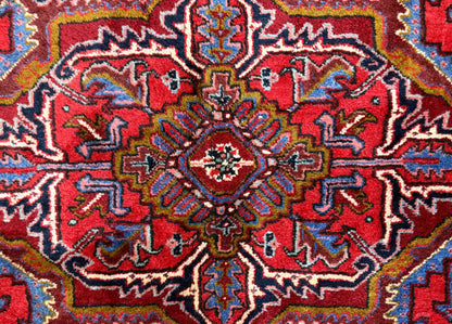 9’4”x11’8” Vintage Hand-Knotted Wool Heriz Persian Rug 9x11 Red Handmade Carpet