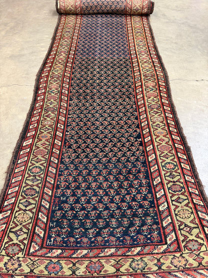 3’x13’9” Antique Hand-Knotted Wool Malayer Persian Runner 3x13 Handmade Blue Green Carpet