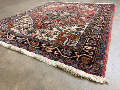4’3”x4’10” Hand-Knotted Wool Heriz Persian Rug 4x5 Red Handmade Carpet