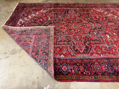 9’7”x13’ Vintage Hand-Knotted Wool Heriz Persian Rug 9x13 Red Handmade Carpet
