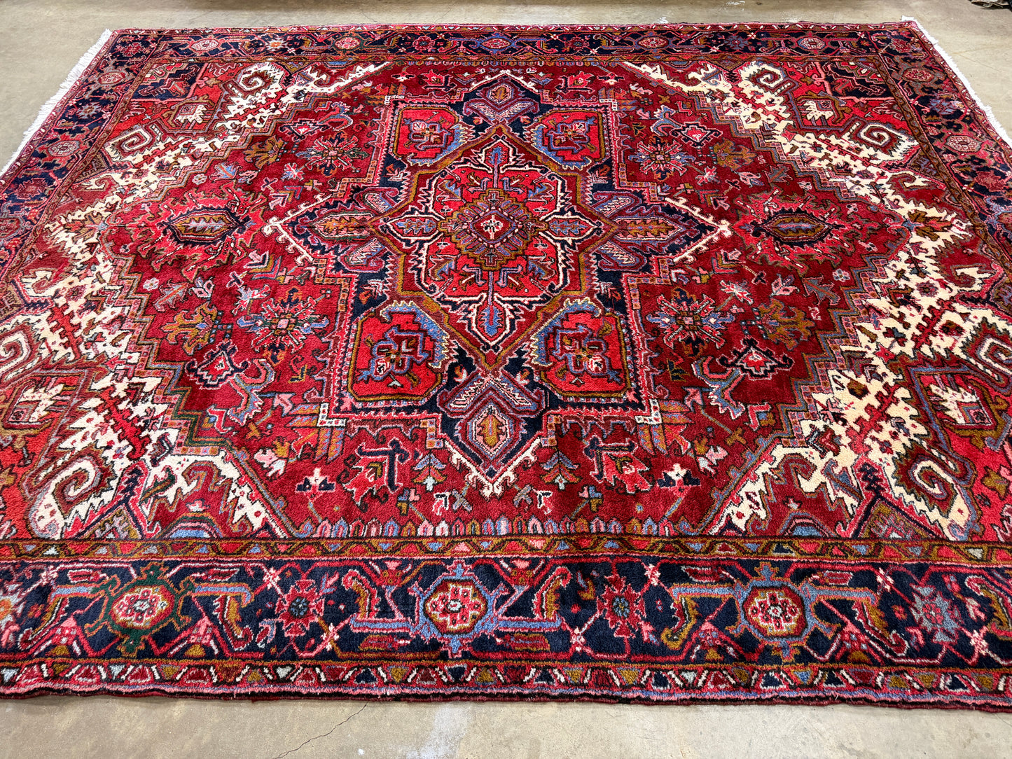 9’4”x11’8” Vintage Hand-Knotted Wool Heriz Persian Rug 9x11 Red Handmade Carpet