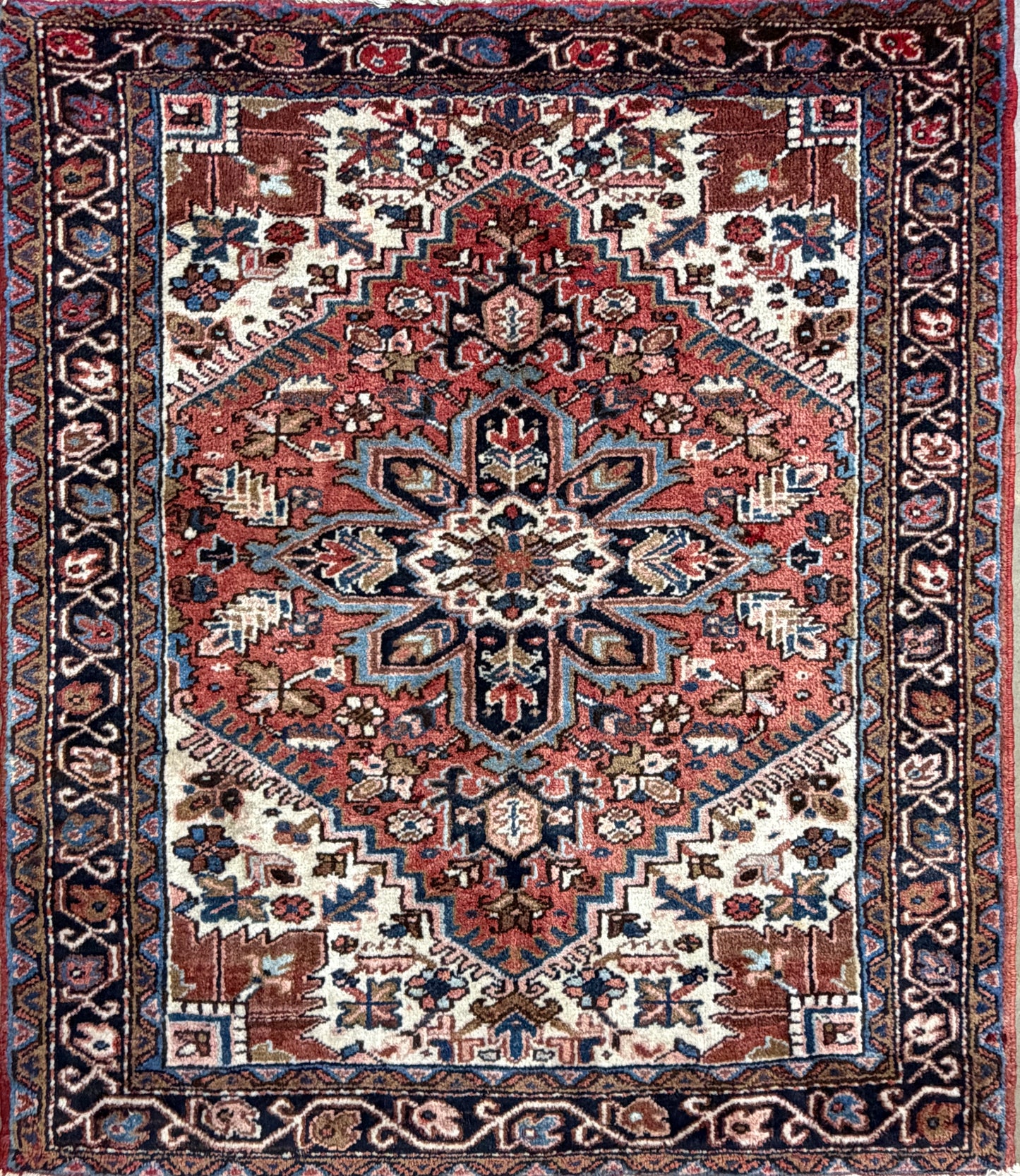 4’3”x4’10” Hand-Knotted Wool Heriz Persian Rug 4x5 Red Handmade Carpet