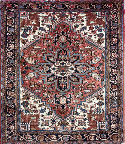4’3”x4’10” Hand-Knotted Wool Heriz Persian Rug 4x5 Red Handmade Carpet