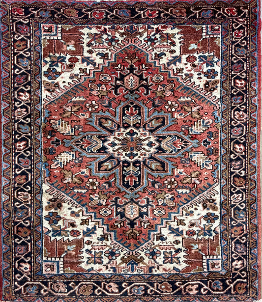 4’3”x4’10” Hand-Knotted Wool Heriz Persian Rug 4x5 Red Handmade Carpet