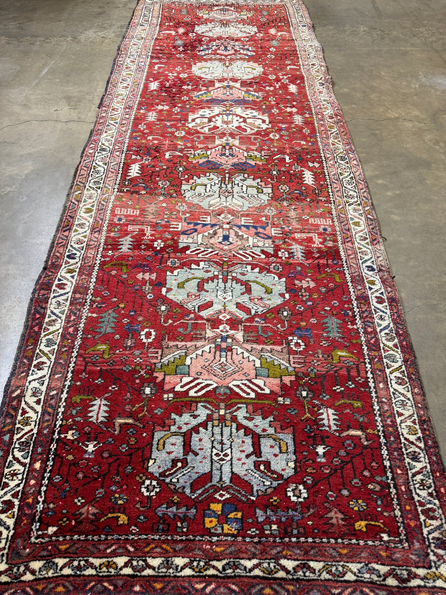 3’10”x10’10” Antique Hand-Knotted Wool Heriz Persian Runner 3x10 Handmade Red Rug