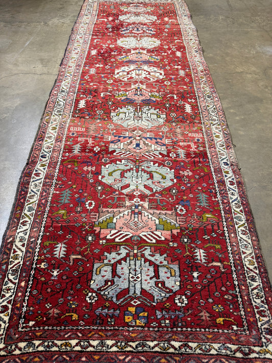 3’10”x10’10” Antique Hand-Knotted Wool Heriz Persian Runner 3x10 Handmade Red Rug