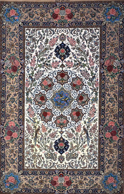 Hand-Knotted Persian Isfahan Rug -Garden of Birds- Signed Fakharian - 4’9”x7’2”