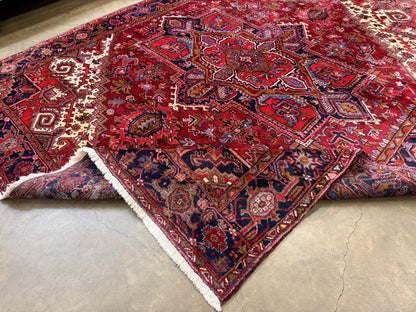 9’4”x11’8” Vintage Hand-Knotted Wool Heriz Persian Rug 9x11 Red Handmade Carpet
