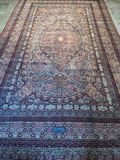 12’11”x21’7” Very Fine Collector Antique Hand-Knotted Signed Persian Kerman Area Rug