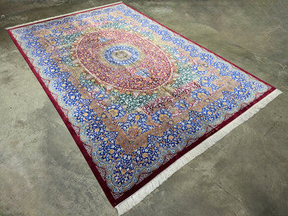 Luxurious Hand-Knotted 100% Silk Persian Qum Rug - Signed Kazemi - 6'6"x10'