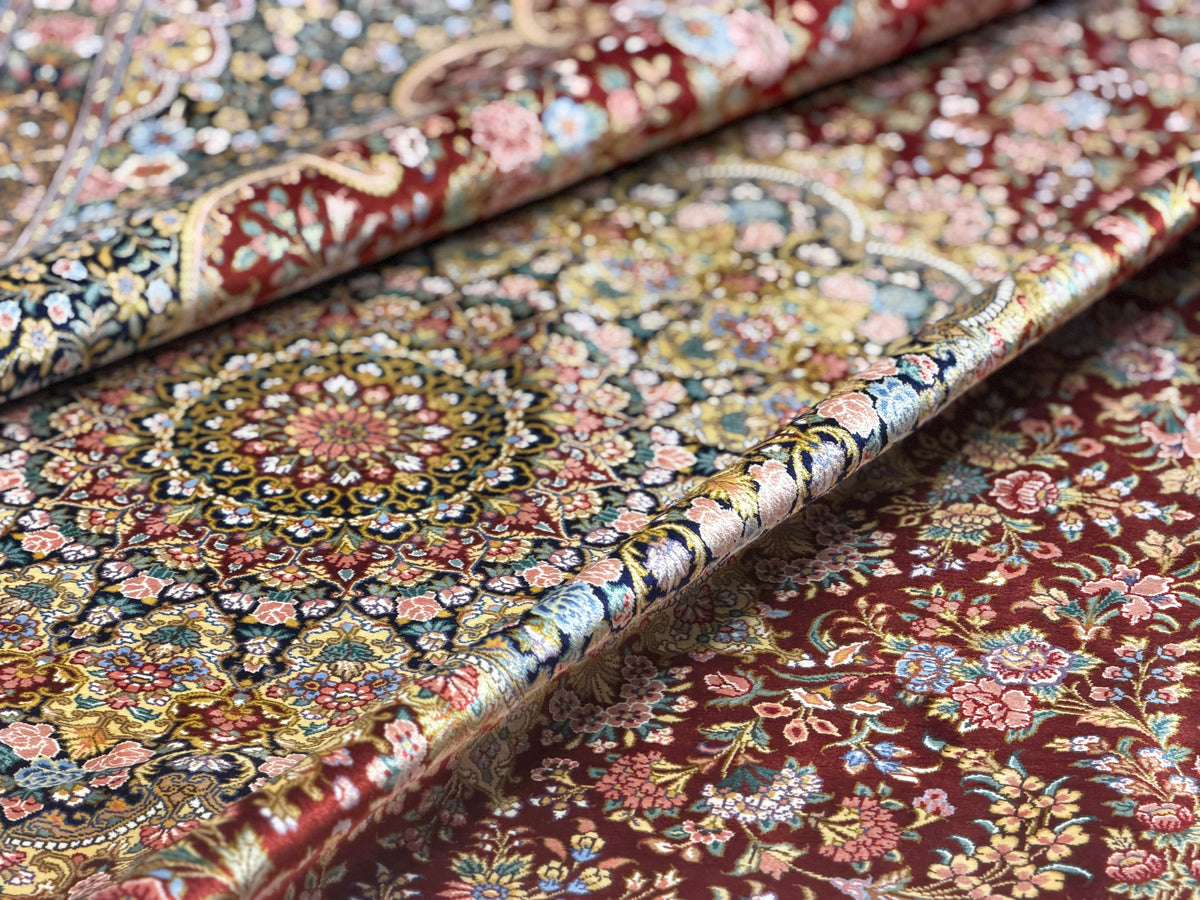 (On Hold for LH) Luxurious Hand-Knotted 100% Silk Persian Qum Rug - Signed Naimi - 6'5"x9'10"