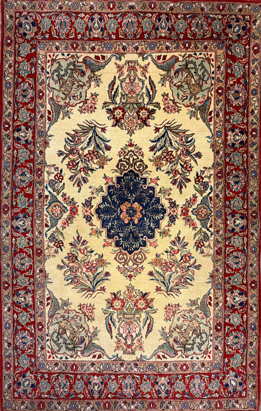 Hand-Knotted Antique Persian Qum Rug - 4’6”x7’2”