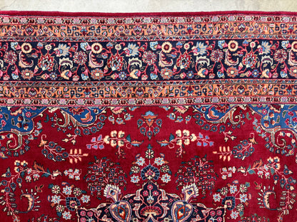9’7”x12’6” Vintage Hand-Knotted Wool Sarouk Persian Rug 9x12 Red Handmade Carpet