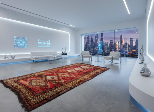 Modern living room with a red patterned rug, white furniture, and cityscape view.