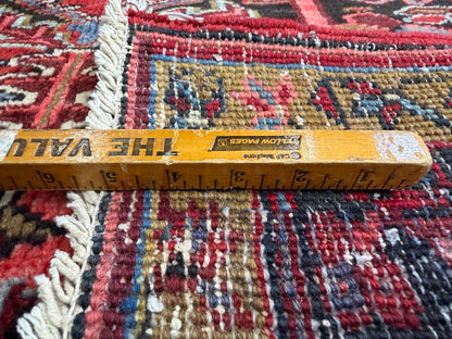 9’7”x13’ Vintage Hand-Knotted Wool Heriz Persian Rug 9x13 Red Handmade Carpet