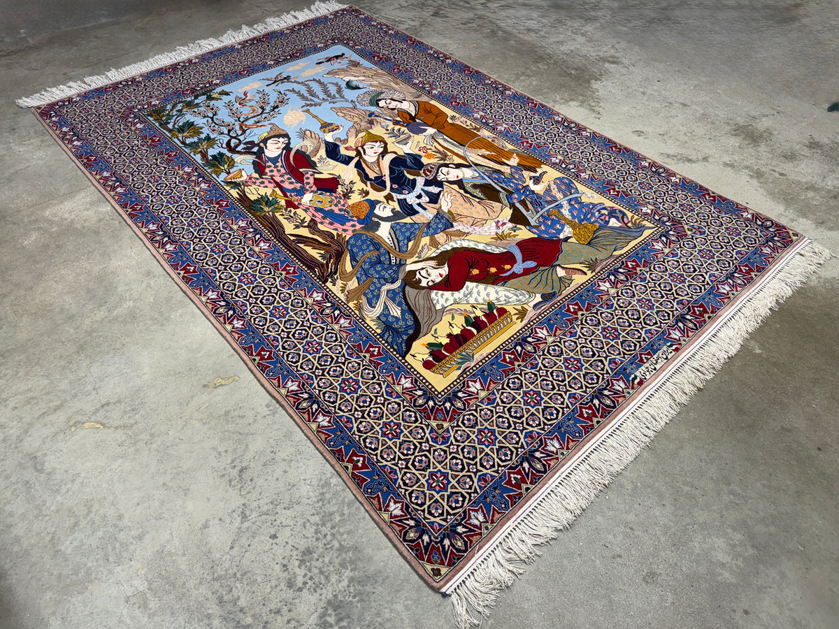 Hand-Knotted Pictorial Persian Isfahan Rug - 5’1”x7’8”