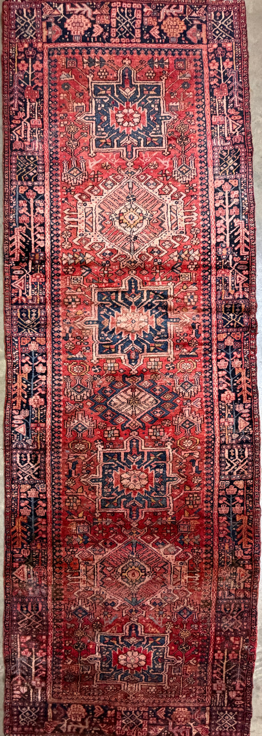 3’9”x11’3” Antique Hand-Knotted Wool Karaja Persian Runner 3x11 Handmade Red Rug