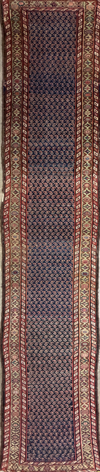 3’x13’9” Antique Hand-Knotted Wool Malayer Persian Runner 3x13 Handmade Blue Green Carpet