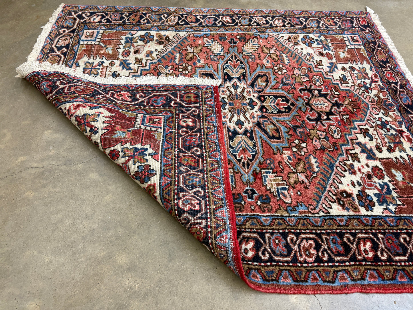 4’3”x4’10” Hand-Knotted Wool Heriz Persian Rug 4x5 Red Handmade Carpet