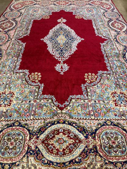 9x14 Vintage Hand-Knotted Wool Kerman Persian Rug Red Handmade Carpet