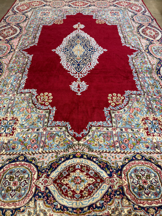 9x14 Vintage Hand-Knotted Wool Kerman Persian Rug Red Handmade Carpet