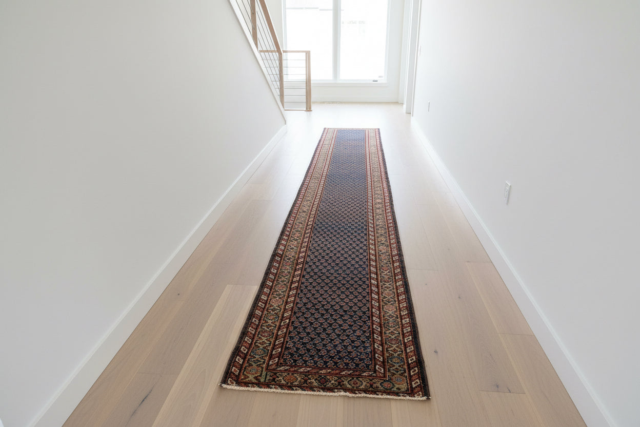 3’x13’9” Antique Hand-Knotted Wool Malayer Persian Runner 3x13 Handmade Blue Green Carpet