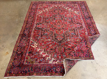 9’7”x13’ Vintage Hand-Knotted Wool Heriz Persian Rug 9x13 Red Handmade Carpet