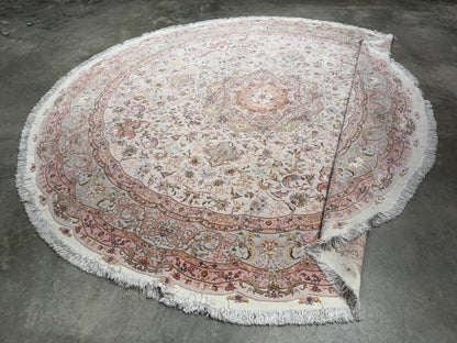 10’ Diameter Very Fine Hand-Knotted Wool & Silk Round Tabriz Persian Rug - 10x10 Handmade Carpet