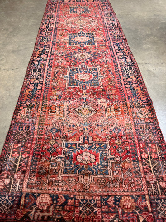 3’9”x11’3” Antique Hand-Knotted Wool Karaja Persian Runner 3x11 Handmade Red Rug