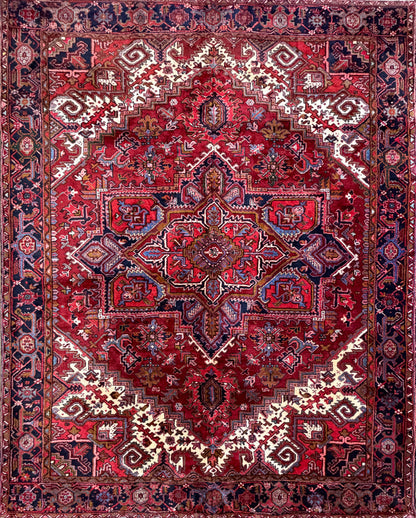 9’4”x11’8” Vintage Hand-Knotted Wool Heriz Persian Rug 9x11 Red Handmade Carpet