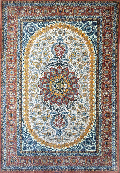 Luxurious Hand-Knotted 100% Silk Persian Qum Rug - Signed MirMahdi - 7'3"x10'7"